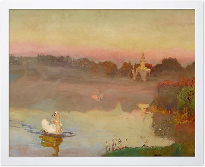 Poster Master Vintage Pond in Radziejowice Poster - Retro Swan Print - Lake Art - Landscape Art - Farmhouse Art - Animal Lover Art - Aesthetic Living Room or Office Decor, 8x10 White Framed