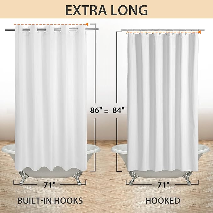 Extra Long Shower Curtain No Hooks or Liner Needed - Soft Microfiber 84" Long Fabric Shower Curtain Liner Set, Machine Washable & Water Repellent, White