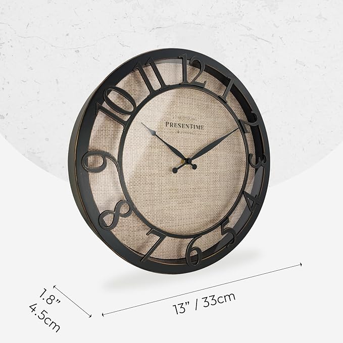 Presentime & Co 13" Farmhouse Series Wall Clock, Cottage Style, Faux Burlap