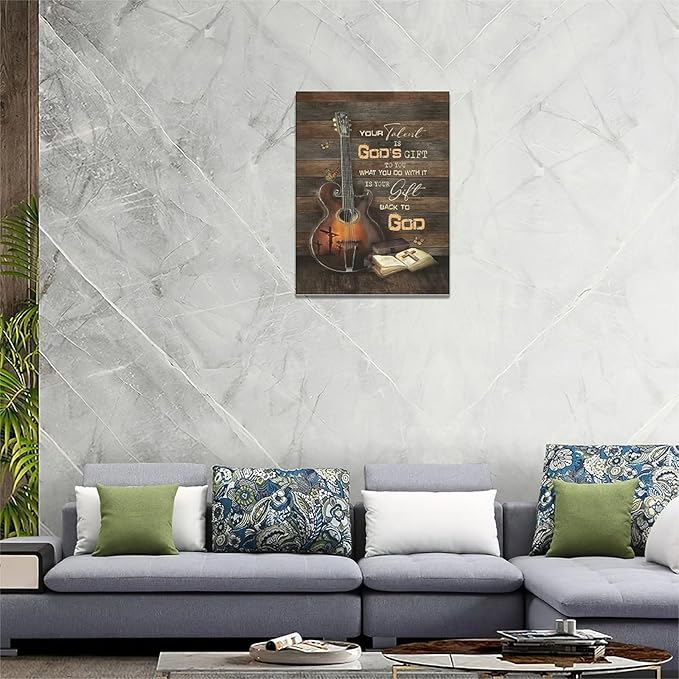 Christian Guitar Wall Art Rock Music Guitar Wall Decor Musical Pictures Artwork Inspirational Quotes Canvas Prints Music Room Decor For Music Studio Bedroom Living Room Bathroom Framed 12"x16"