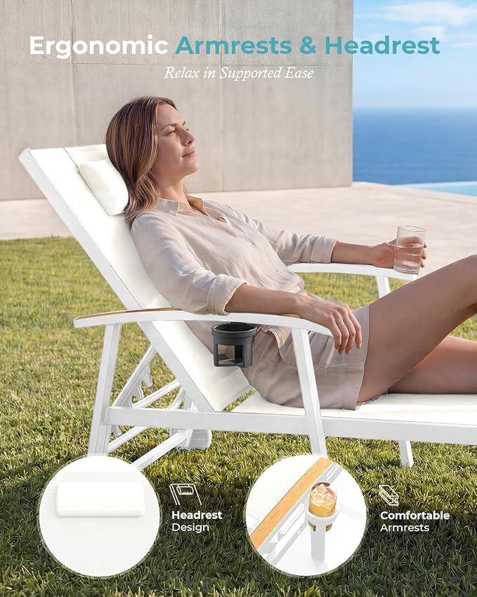 Ciokea Outdoor Lounge Chair with Pillow Set of 2, 5-Position Aluminum Chaise Lounge with Wheels & Armrests, 400 lbs Heavy Duty Patio Pool Chair for Backyard, Deck, Beach & Poolside, White