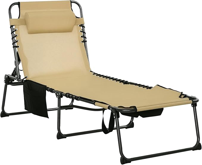 Outsunny Folding Chaise Lounge with 5-Level Reclining Back, Tanning Chair with Face Hole, Outdoor Lounge Chair with Side Pocket & Headrest for Beach, Yard, Patio, Beige