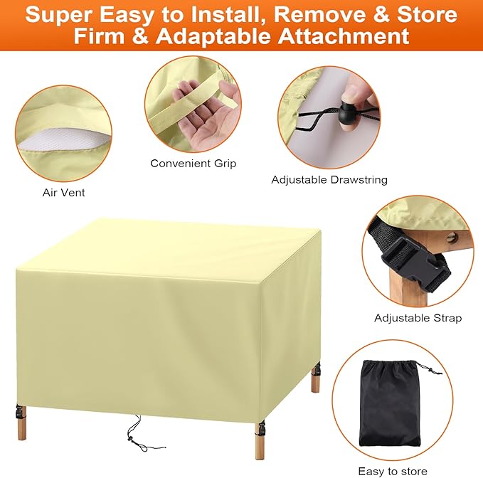 Patio Furniture Cover Rectangle 52"(L) x 44"(W) x 28"(H), Custom Heavy Duty 420D Waterproof Outdoor Cover with Drawstring & Buckles for Table Chair Garden, Cream