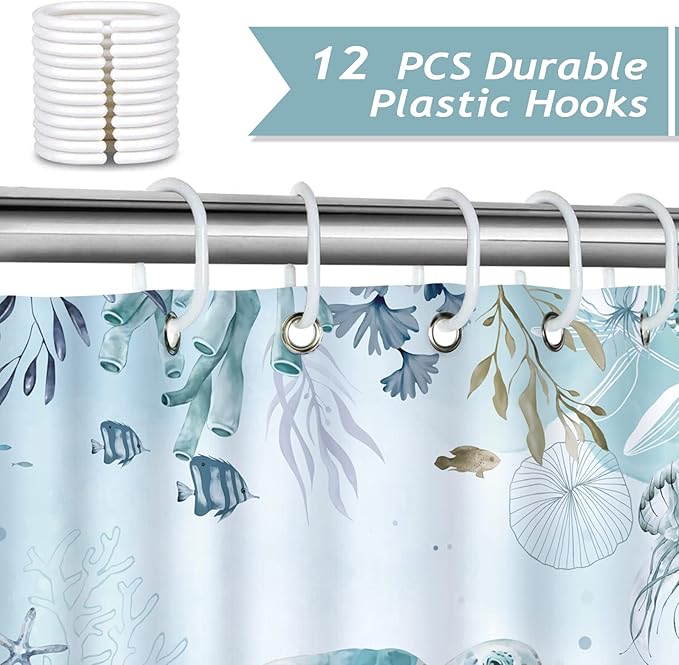 Bonhause Sea Turtle Shower Curtain for Bathroom Teal Blue Ocean Beach Coastal Decorative Bath Curtain 72 x 72 Inch Polyester Fabric Waterproof Bathroom Curtain with 12 Hooks