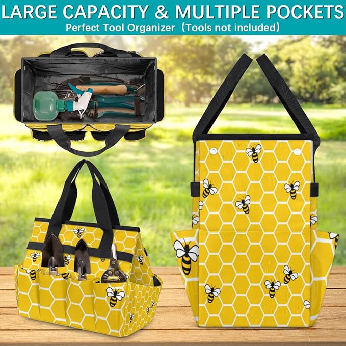 Garden Tote Bag with Pockets Honey Bees Gardening Bags for Tools Organizer Heavy Duty Storage Bag with Handle for Lawn Yard Casual