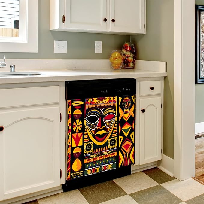 Dishwasher Magnet Cover African Art Geometric Print Reusable Dishwasher Magnetic Cover Sticker Decorative Dish Washer Door Cover Panel for Home Kitcen Appliance