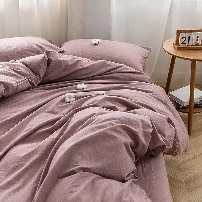 FACE TWO FACE Bedding Duvet Cover Set100% Washed Cotton Duvet Cover Linen Like Textured Breathable Durable Soft Comfy(Twin, Purple Bean Paste)