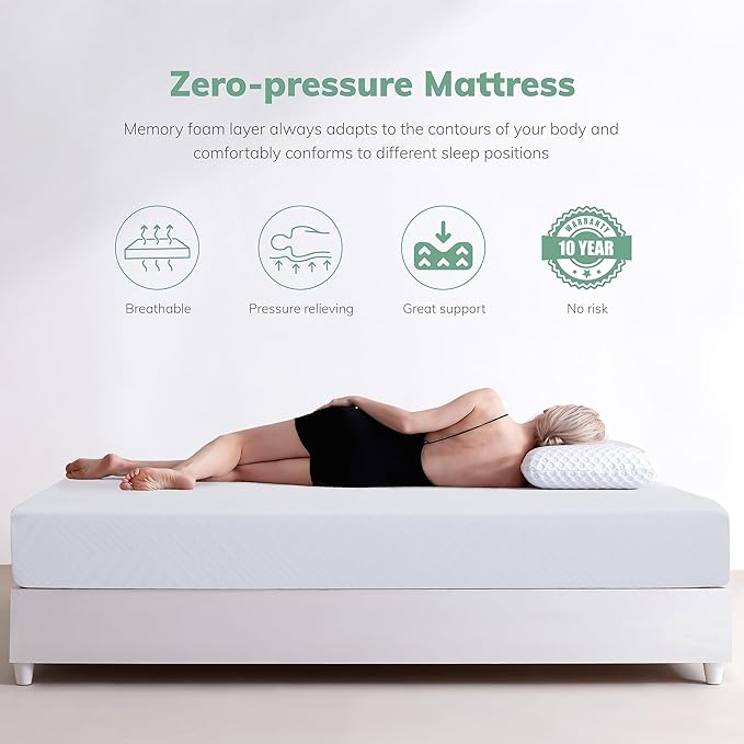 EGO White 10 Inch Queen Green Tea Memory Foam Mattress, Gel Mattress Bed in a Box, CertiPUR-US Certified, Double Mattress, 60"x80", Medium Firm