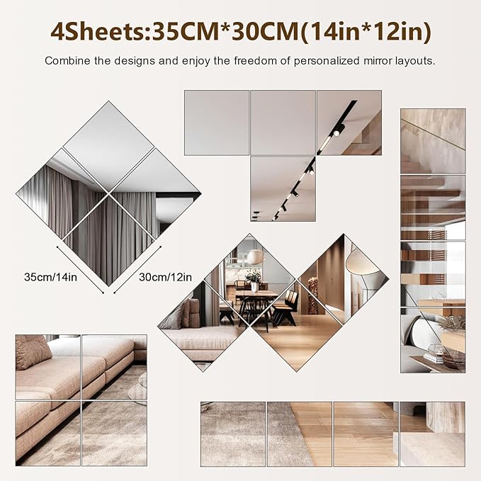 Shiftshade Mirror Wall Full Length, 12X14 Inch Unbreakable Mirror Tiles