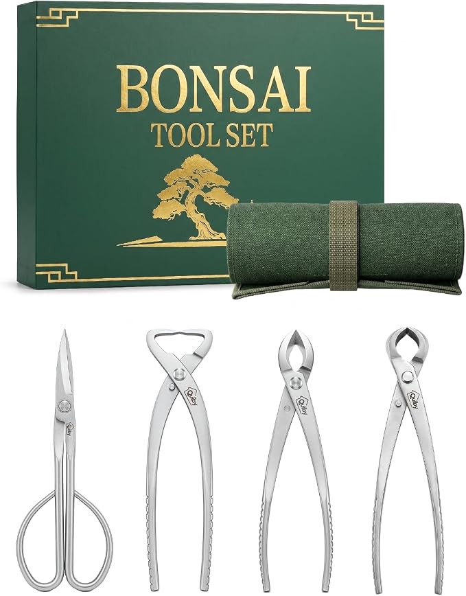 4-Piece Bonsai Tools Set with Tool Roll Bag Organizer, Heavy Duty Bonsai Tree Kit with Luxury Gift Box, Bonsai Starter Kit, Include Concave Cutter, Knob Cutter, Trunk Splitter, Bonsai Scissors