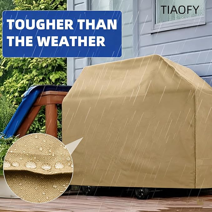 BBQ Gas Grill Cover for Outdoor, Anti-UV, Rip-Proof, 600D Oxford Fade Resistant Material, Barbecue Cover with Hook and Loop Straps & Adjustable Hem Drawstring (Beige, 40”x24”x50”)