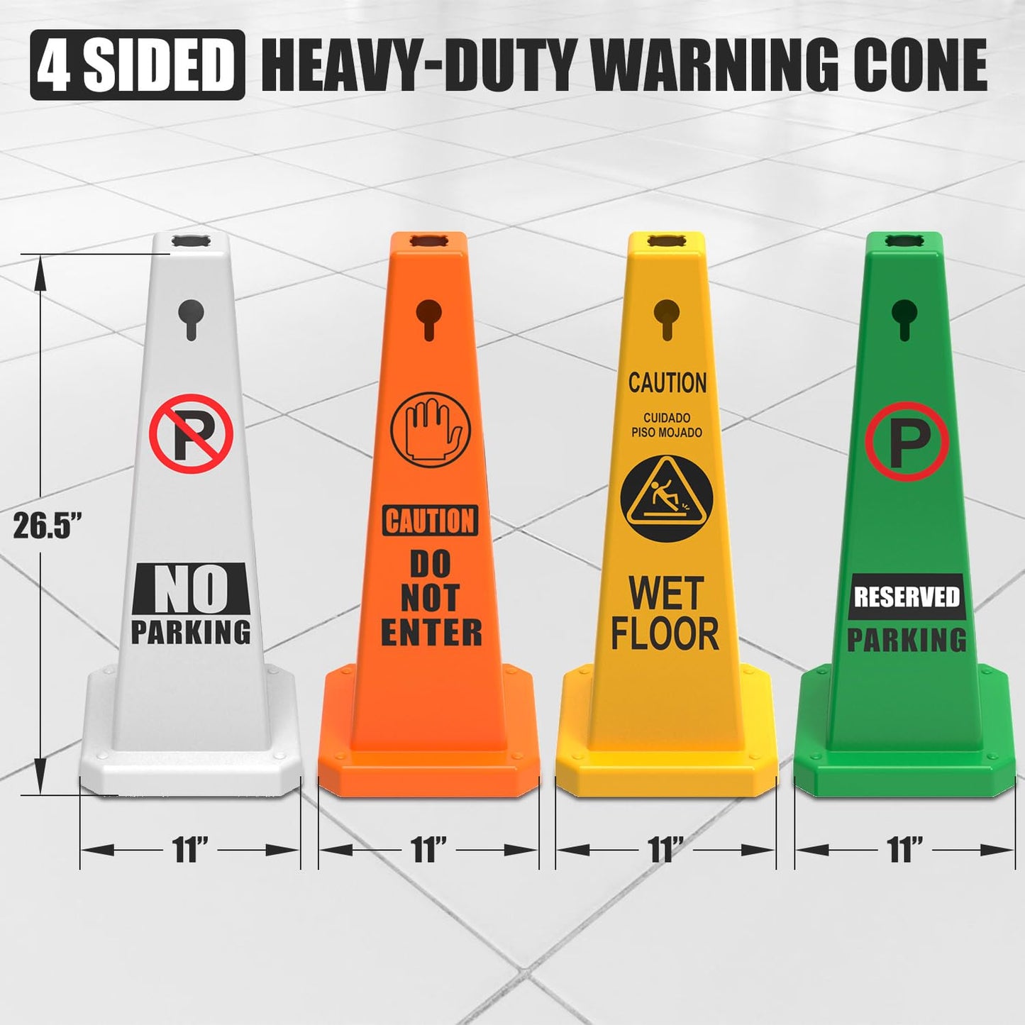 Plastic Traffic Cones, 4-Sided Message Cones, Road Safety Parking Cones, Standing Traffic Warning Signs for Cleaning Area, Garage, No Entry (8, Caution Wet Floor, Large)