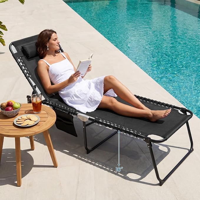 Goplus Chaise Lounge Chair, Folding 5-Postion Beach Lounge Chair with Detachable Pillow, Sunbathing Lounger, Adjustable Tanning Chair for Patio Lawn Pool Yard Outdoor