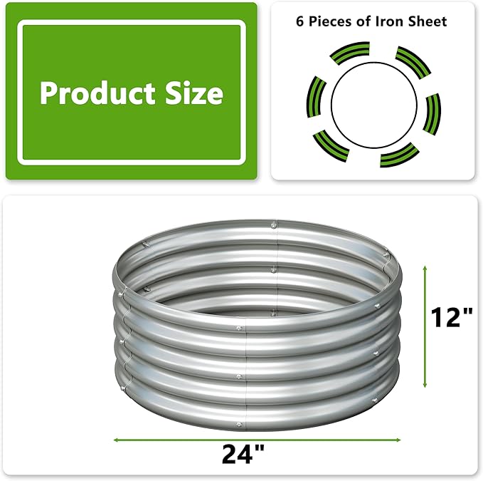 2PCS 2x2x1ft Galvanized Raised Garden Bed Kit-Round Garden Bed Outdoor Planter Box for Vegetables,Flowers,Herbs,Easy Assembly,Silver