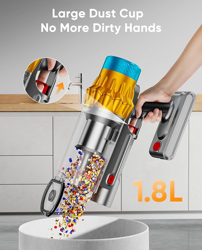 Cordless Vacuum Cleaner, 650W/55KPA/70 Mins Vacuum Cleaners for Home with Self-Standing, Anti-Tangle Brush, Smart Display and 1.8L Cup Cordless Stick Vacuum Cleaner for Pet Hair/Carpets
