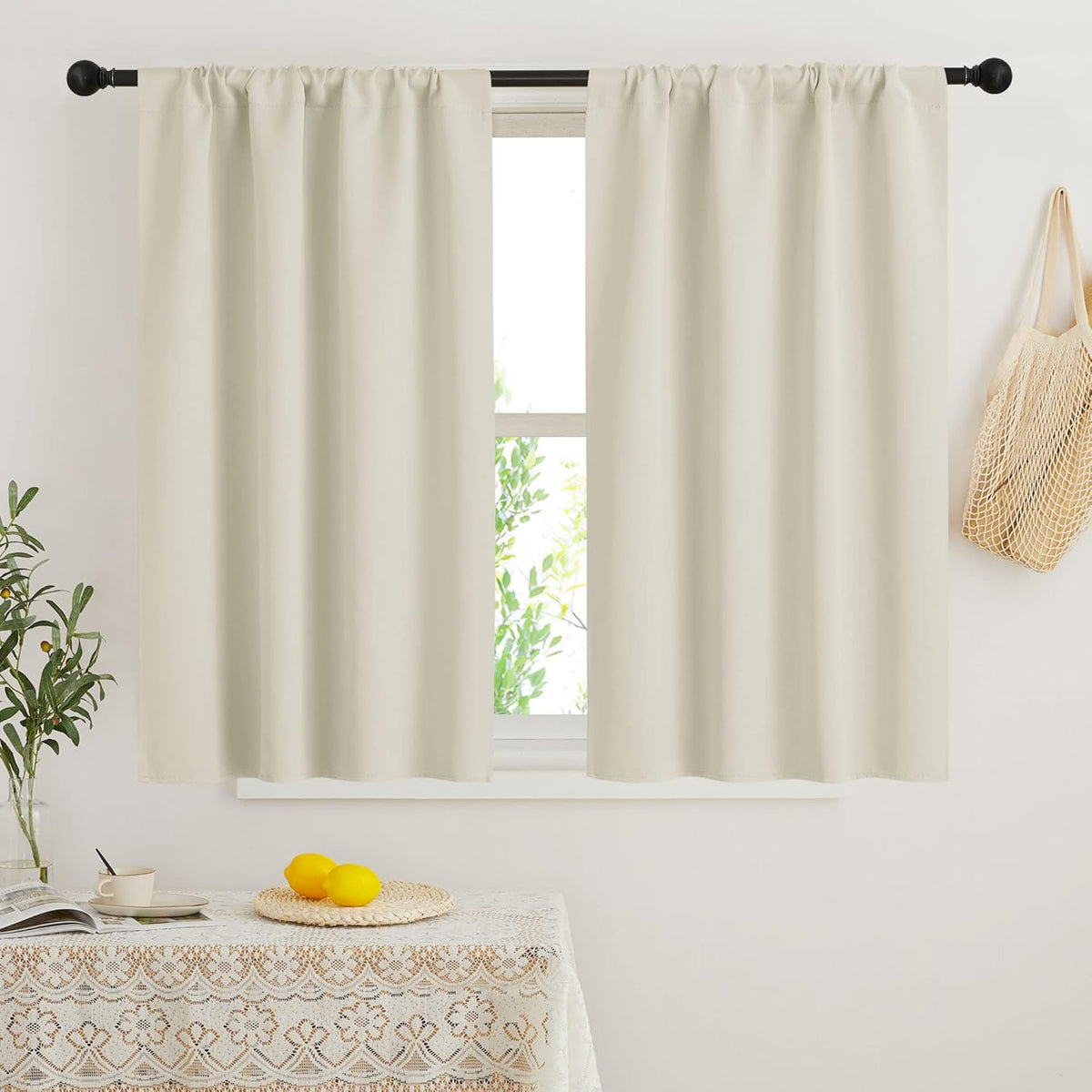 RYB HOME Beige Short Curtains Blackout, 45 inch Durable Cafe Curtains Room Darkening Window Drapes Privacy Protection for Basement Closet Kithen, W34 x L45 inch, 2 Panels