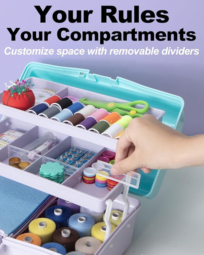 12in 3-Layer Plastic Craft Organizers and Storage, Portable Folding Tackle Box with Handle & Adjustable Dividers, Multipurpose Case for Sewing, Art Supplies, Medicine, Tools (Purple Blue)