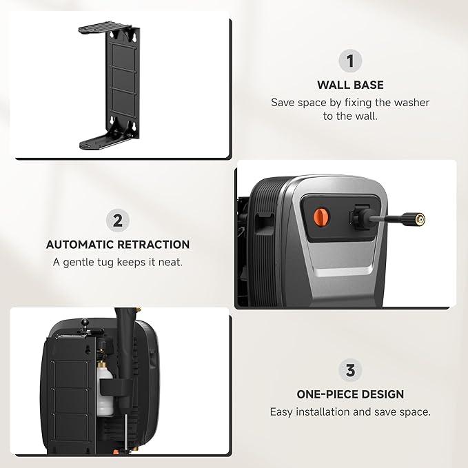 Giraffe Tools Grandfalls Retractable Pressure Washer G20, 2500 PSI 2.2 GPM, Wall Mounted with 65FT Hose Reel, 4 Nozzles for Floor/Cars/Fences/Patios, Dark Silver Case with Grey Pressure Hoses