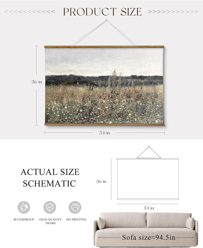 ARPEOTCY Extra Large Vintage Framed Wall Art, 36x54 Inch Flower Meadow Landscape Hanging Framed Wall Art Decor for Living Room Bedroom, Canvas Prints, Retro Scenery Pictures Above of Bed