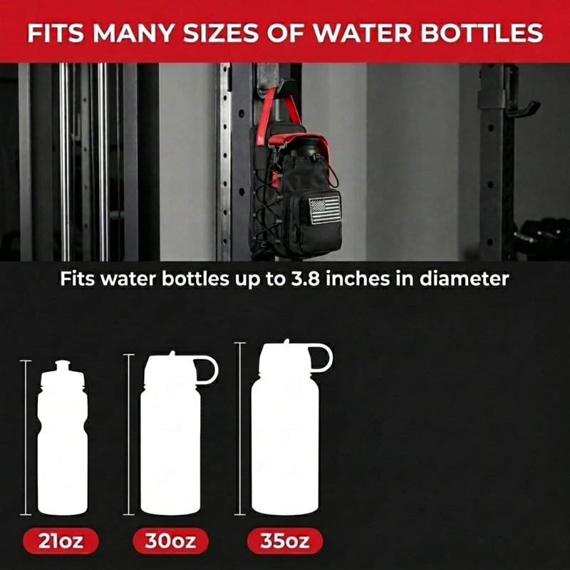 Magnetic Gym Bag & Water Bottle Holder for Gym Equipment, Compact Sling Pouch with 3 Pockets, Strong Magnet Attachment for Squat Racks, Cable Machines & Lockers, Removable Patch, Black