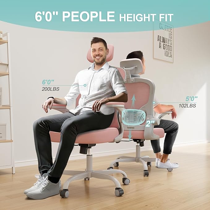 Synorla Office Chair Ergonomic Desk Chair, 330LBS Capacity, High Back Computer Design for Long Hours Comfort, Rolling Swivel Executive Task for Home Office with Flip-up Armrests (Grey Pink)