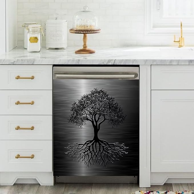 Dishwasher Magnet Cover Black Tree of Life Dishwasher Cover Magnetic Sticker Brushed Stainless Steel Effect Kitchen Appliances Fashion Door Cover Magnet Decor Decal 23" x 26" Magnetic