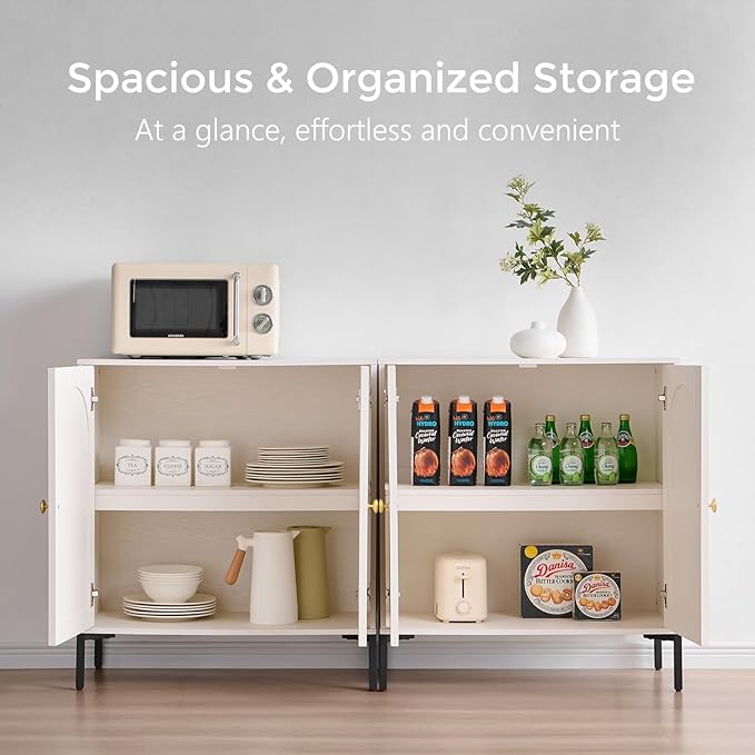 Modern Buffet Cabinet with Storage, 123.5" W Fluted Arched Sideboard Cabinet w/Adjustable Shelves, Wooden Modular Coffee Bar for Dining Room, Kitchen, Living Room, Entryway, White