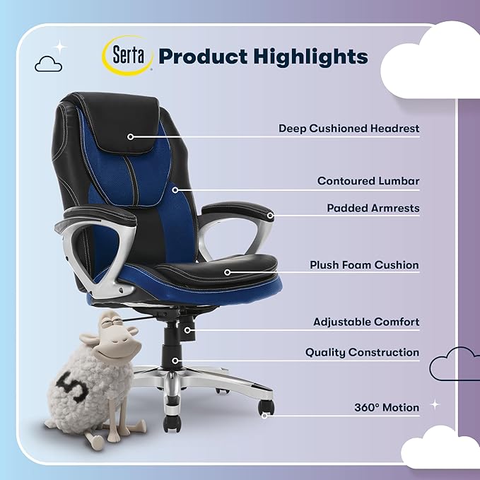 Serta Amplify Executive Office Chair with Faux Leather and Mesh, Adjustable Ergonomic Comfy Seat with Lumbar Support, Modern Computer DeskChairs, Swivel Rolling Wheels, Blue