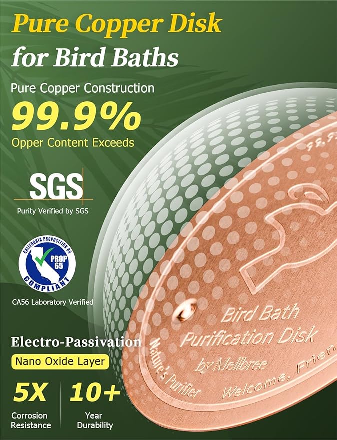 Mellbree 4-Pack Premium Copper Cleaning Disc, 0.6mm Thick 99.99% Pure Copper with Stable Triple-Point Support, All-Season Physical Water Care for Bird Baths