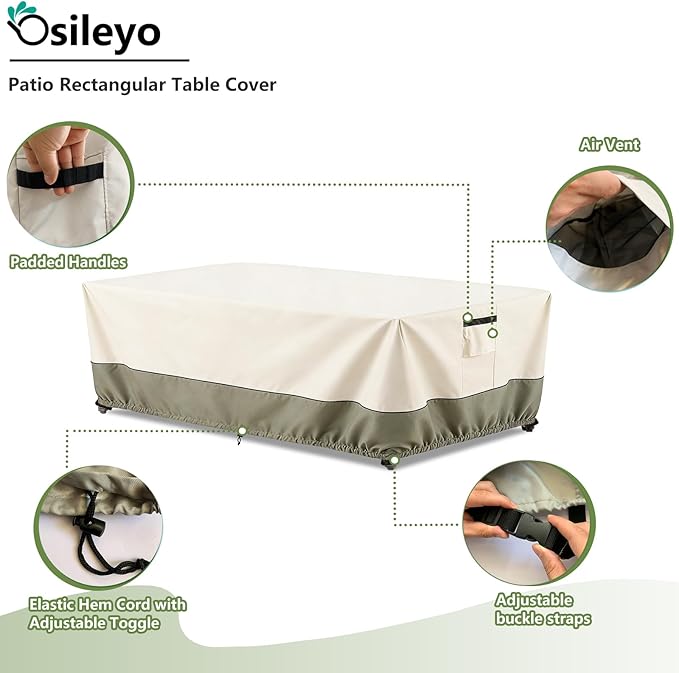 60 Inch Rectangular/Oval Patio Table Cover,Heavy Duty Waterproof Outdoor Dining Table Cover, Patio Furniture Covers, Beige