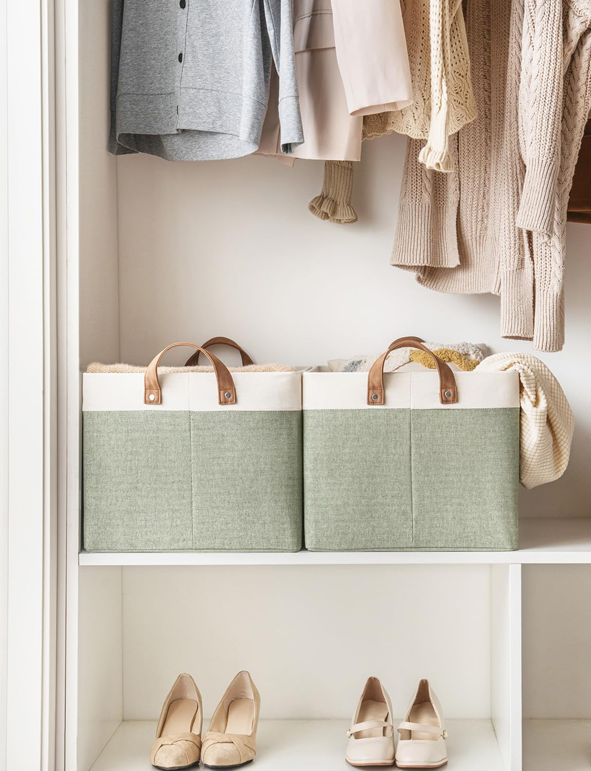 StorageWorks Storage Bins, Fabric Storage Bins for Shelves, Extra Large Storage Baskets with Metal Frame, Closet Baskets and Bins with Handles, Jumbo, Green and White, 2-Pack