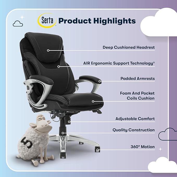 Serta Bryce Executive Office Chair - Ergonomic Computer DeskChair with Lumbar Technology - Adjustable Height - Memory Foam Body Pillows - 360° Swivel Rolling Base - Bonded Leather - Black
