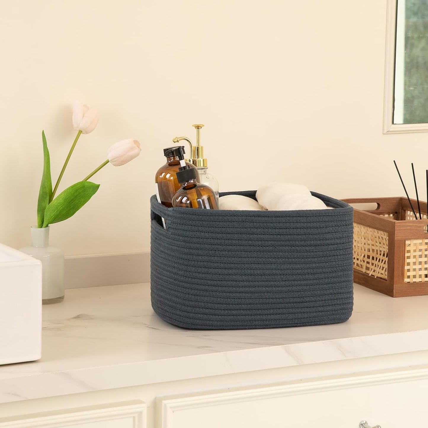 OIAHOMY 4 Pack Storage Baskets for Organizing, Cube Storage Bins for Shelves, Rectangle Storage Baskets With Handles, Woven Baskets for Storage, 12.7''Lx9''Wx7.8''H, Blue