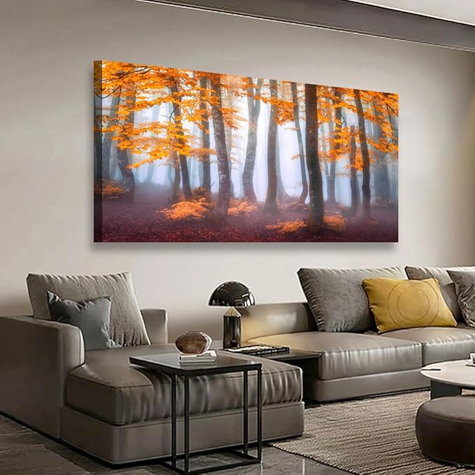 Orange Maple Leaf Tree Canvas Wall Art for Living room Office Bedroom Mist Forest Wall Art Print Paintings Modern Nature Autumn Landscape Pictures Wall Decor Artwork Ready to Hang - 20in * 40inch