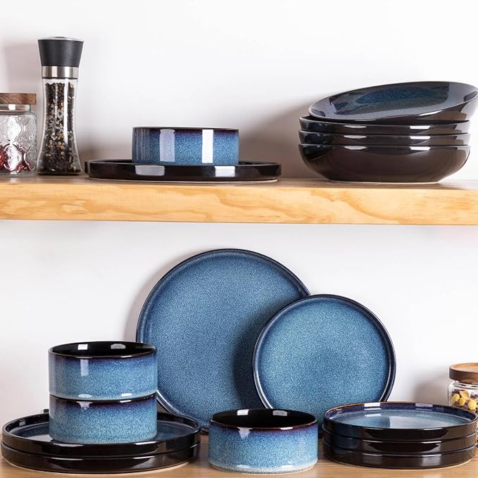 LERATIO Ceramic Dinnerware Sets for 4,Round Reactive Glaze Ceramic Plates and Bowls Set,Highly Chip and Crack Resistant | Dishwasher & Microwave Safe Dishes Set,Service for 4 (12pc)-Blue