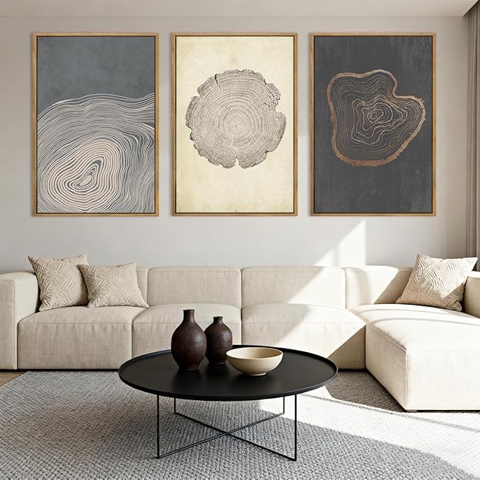 Anyzal Neutral Abstract Tree Ring Wall Art Black Beige Gray Wood Stump Wall Decor Modern Minimalist Tree Spiral Art Prints for Living Room Bedroom Dining Room 16x24 Inch 3 Pieces