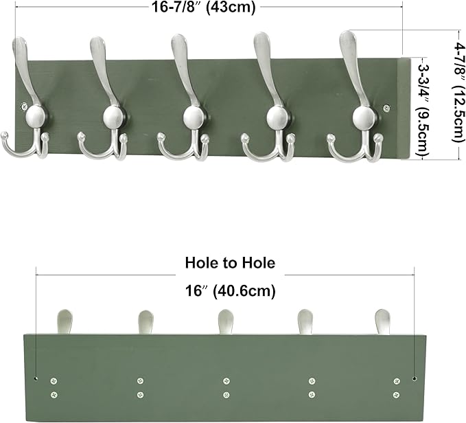 SKOLOO Creations Forest Green Solid Wood Wall Mounted Coat Rack, 5 Hooks
