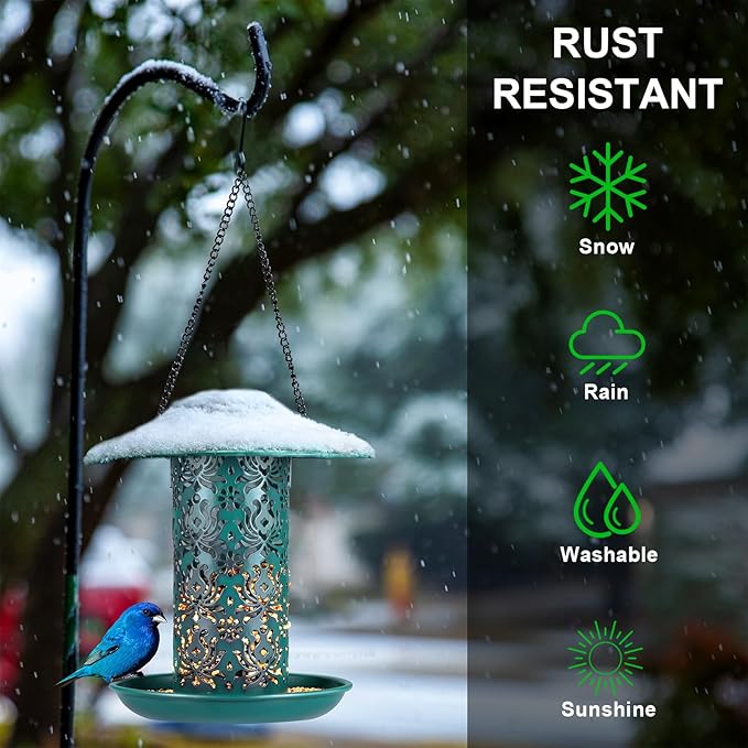 SWEETFULL Solar Bird Feeders for Outside Metal Outdoor Hanging,Wild feeders as Gift Ideas Lovers Garden Yard Patio Cardinals (Chew-Proof,Heavy Duty Weather Resistance 2LBs)