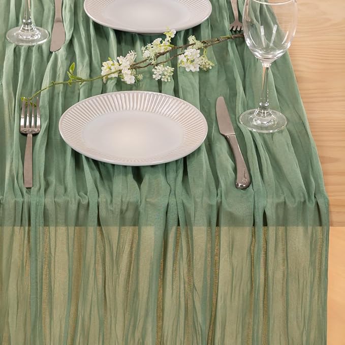 MLMC 8 Pack Sage Green Table Runner 10ft Rustic Gauze Cheesecloth Table Runner 35x120 Inches Cheese Cloth for Boho Wedding Bridal Shower Centerpiece Decor