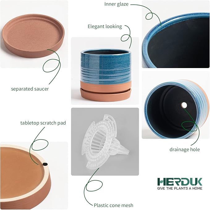 HERDUK 8 Inch Pots for Plants, Ceramic Planter Pot with Drainage Hole & Saucer, Indoor/Outdoor Cylinder Round Planter Pot, Blue & Terracotta