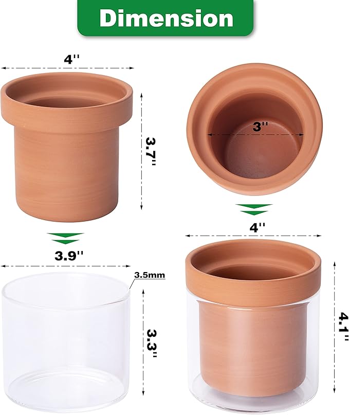 Phoenix Vine 4 Inch Self Watering Planter Pot, Terracotta Clay Pot with Glass Reservoir for Indoor Plants, Herbs, Flowers, Set of 3, 52-A-E-3