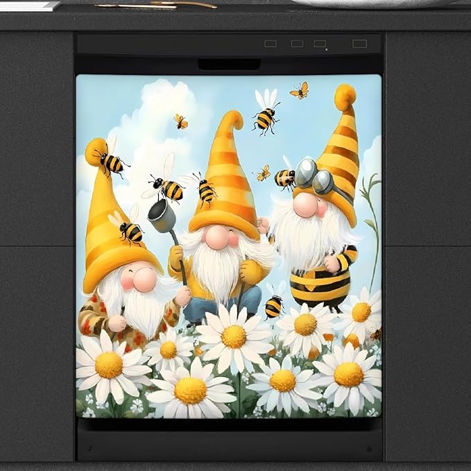 Dishwasher Magnet Cover Cartoon Bee Gnome Daisy Reusable Dishwasher Magnetic Cover Sticker Decorative Dish Washer Door Cover Panel for Home Kitcen Appliance, 21x26 in