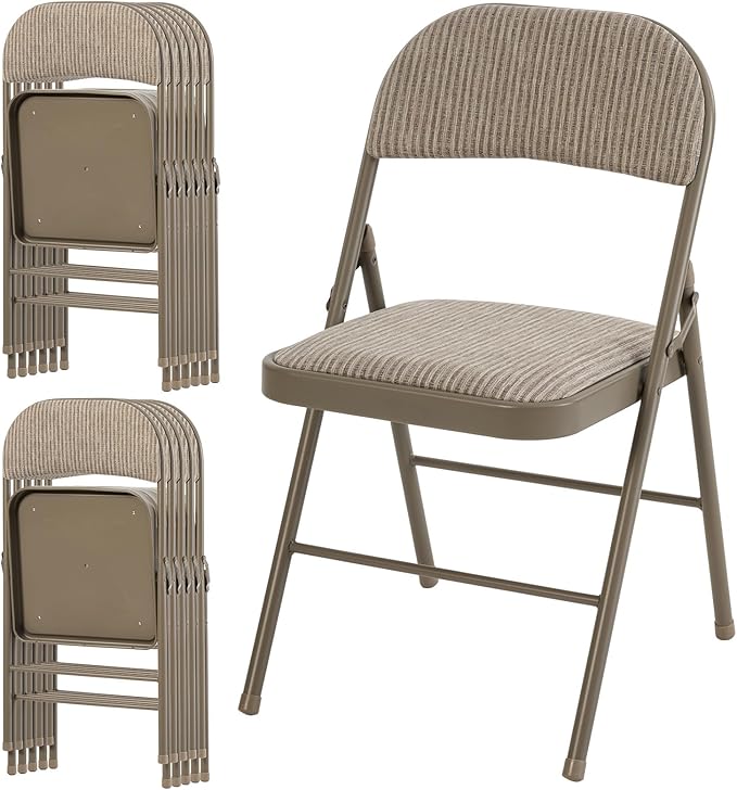 DUMOS 12 Pack Folding Chairs with Padded Cushion and Back - Fabric Stackable Portable Dining Chairs Set, for Home and Office, Conference, Wedding, Party, Patio, Garden, for Indoor Outdoor, Khaki
