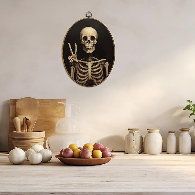 CUANFDDSF Funny Gothic Skeleton Oval Wall Art Decor, Gothic Moody Wall Hanging Decor, Spooky Dark Academia Skeleton Framed Canvas Prints for Home Bedroom Living Room, 8.6x11.4 Inch