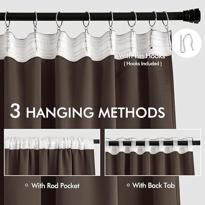 MIULEE Chocolate Brown Back Tab Blackout Curtains 63 Inch Length 2 Panels Set