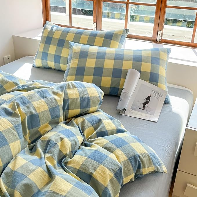 FACE TWO FACE Bedding Duvet Cover Set100% Washed Cotton Duvet Cover Linen Like Textured Breathable Durable Soft Comfy (Twin, Blue Yellow Grid)