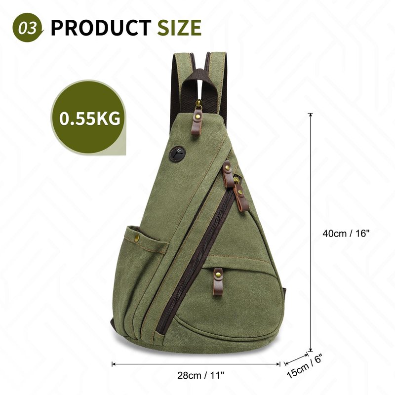 SUIKIHUM Vintage Canvas Sling Bag with Genuine Leather Zipper, 3 in 1 Crossbody, Backpack, and Chest Bag, for Travel, Hiking, 16x10x6 Inches, Green