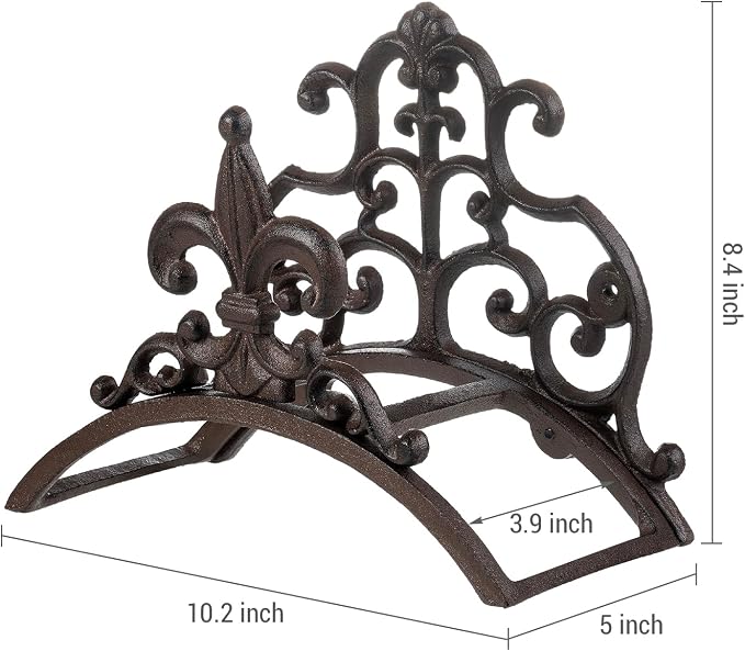 MyGift Dark Coffee Cast Iron Wall Mounted Garden Water Hose Holder, Decorative Vintage Fleur De Lis Floral Scrollwork Waterhose Reel Hanger Storage Rack
