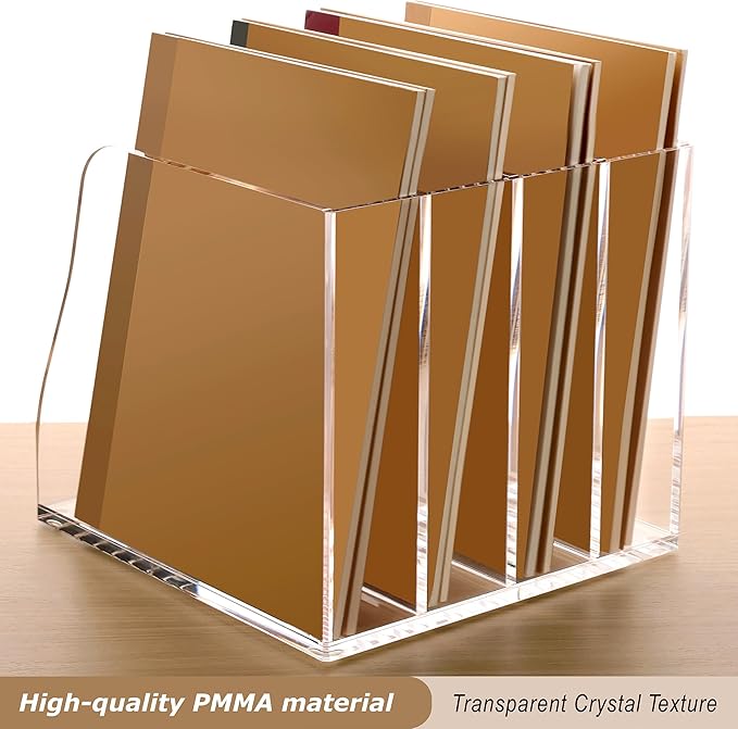 SANRUI Acrylic Desk File Organizer, 4 Vertical Compartments Clear Magazine File Holder Workspace Sorters, Folder Rack for Office Accessories Organization Storage