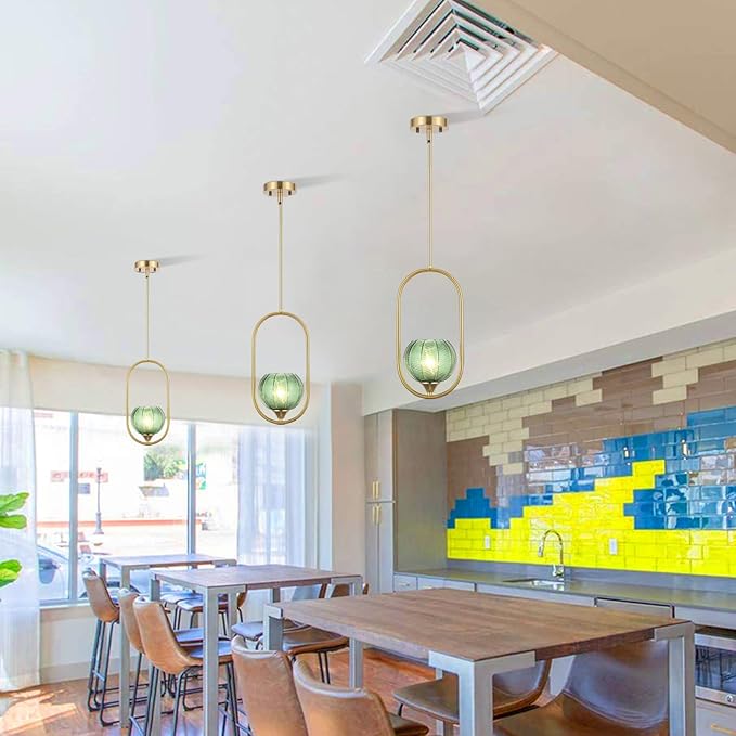 Modern Gold Globe Pendant Light with Green Globe Glass Lampshade Mid Century Chandelier 1-Light Brushed Brass Frame Ceiling Hanging Lighting Fixture for Kitchen Island Dining Room Bedroom